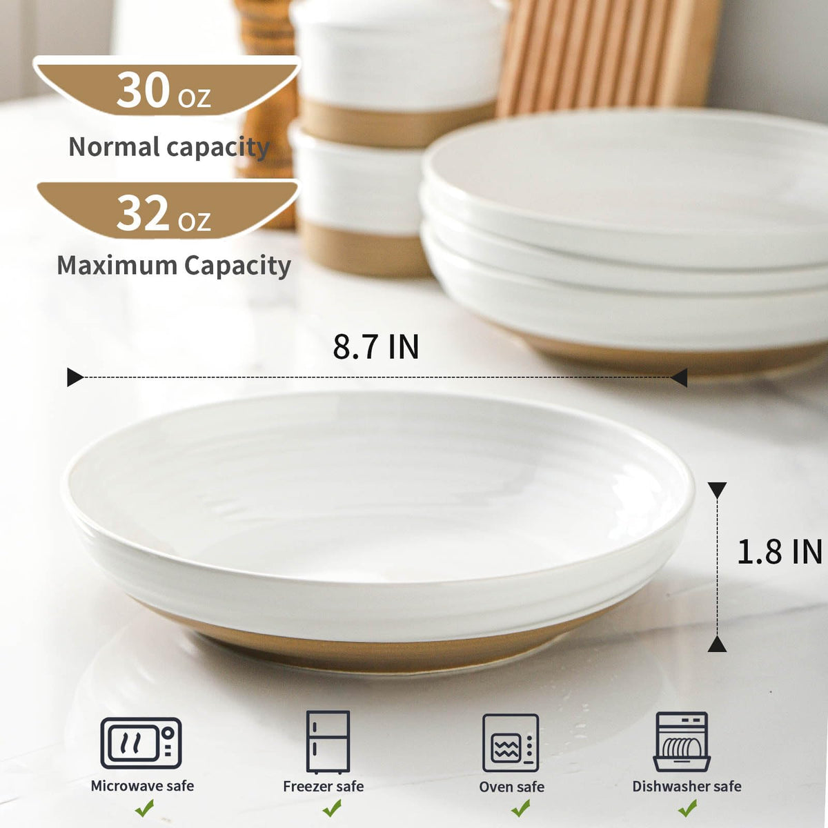 Ceramic Pasta Bowls Set of 4, 8.7 Inch White K9806