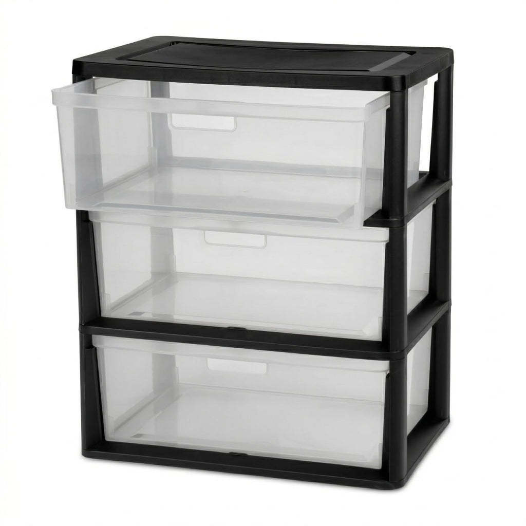 Black 3 Drawer Storage Organizer Tower with Clear Plastic Bins L1896