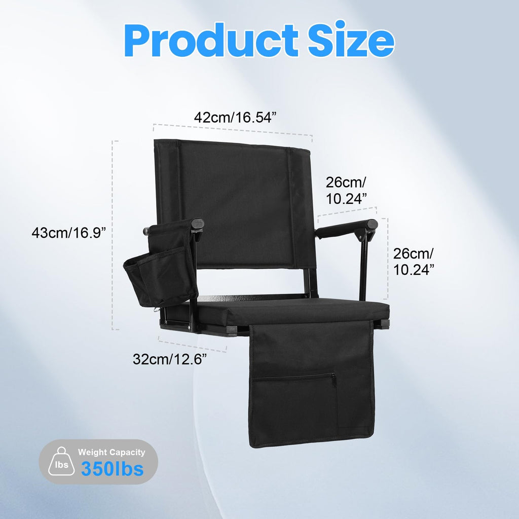 2 Pcs Folding Stadium Seat with Back Support and Cup Holder Black I3992
