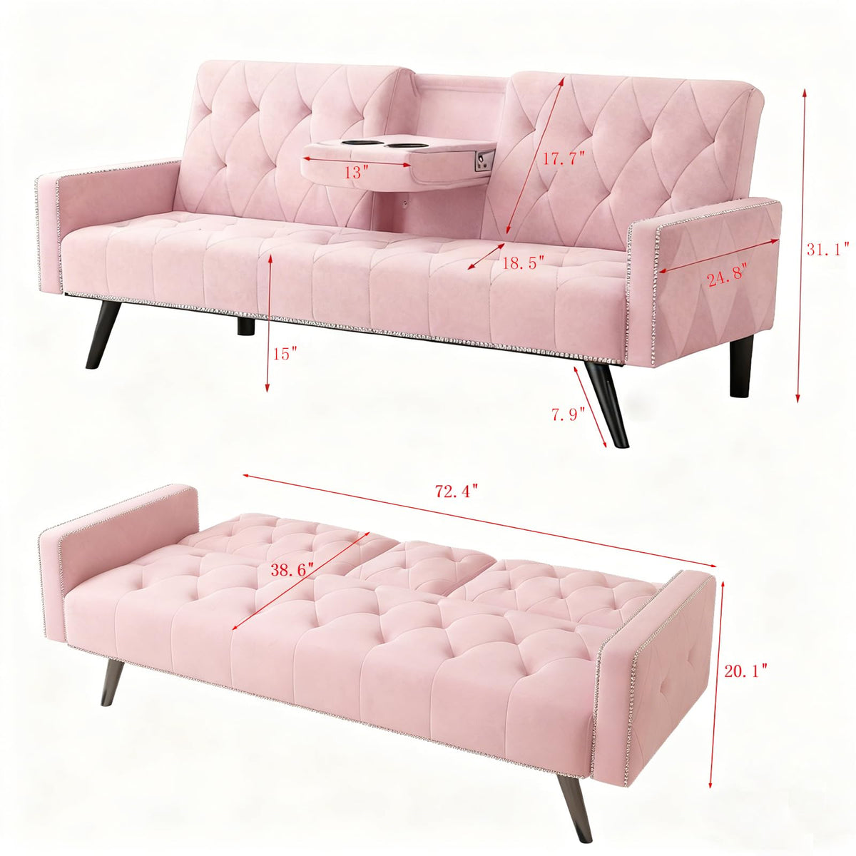 Pink Velvet Futon Sofa Bed B817