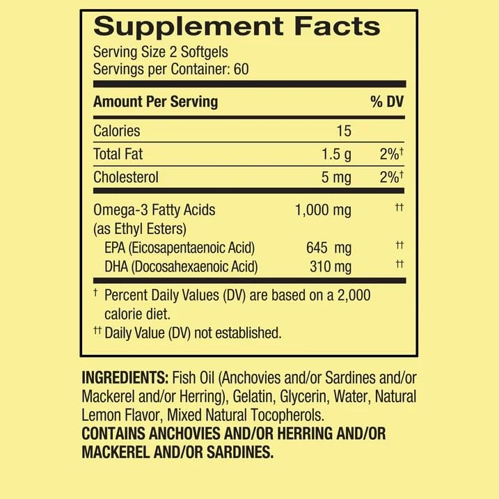 Omega-3 Fish Oil 1000 mg 120 Count Softgels Dietary Supplement Y277