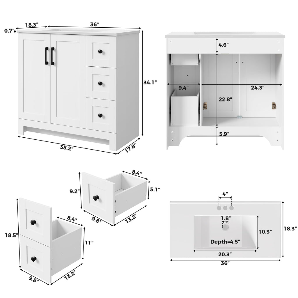 36" White Bathroom Vanity with Sink, 2 Soft-Close Drawers & Doors D925577