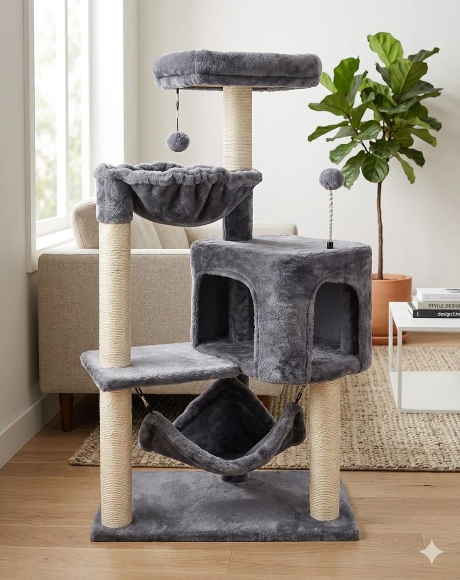 Grey Cat Tree with Cat Condo and Hammock I1857