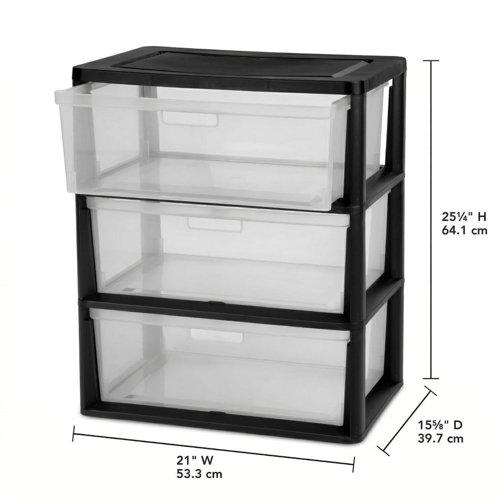 Black 3 Drawer Storage Organizer Tower with Clear Plastic Bins L1896