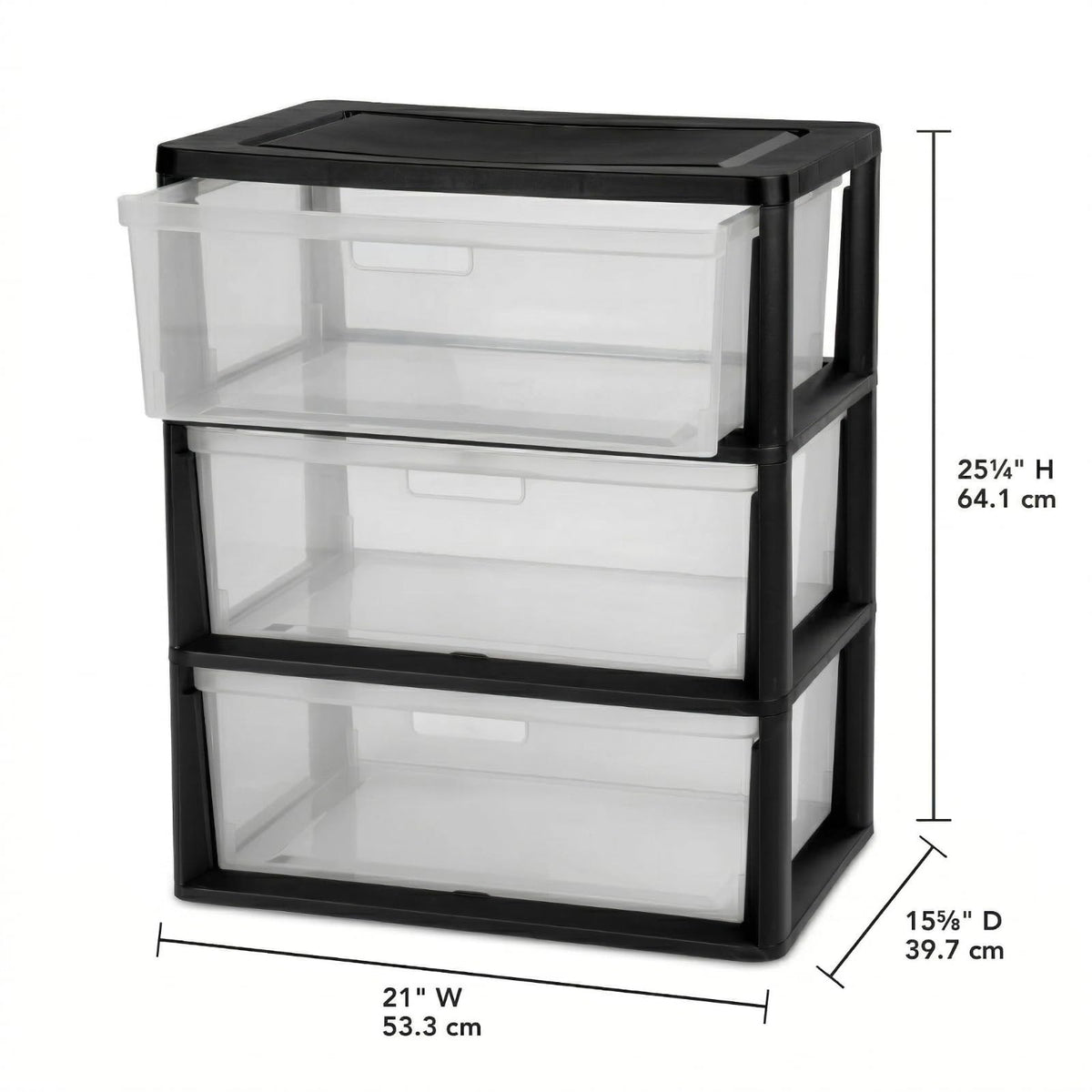 Black 3 Drawer Storage Organizer Tower with Clear Plastic Bins L1896