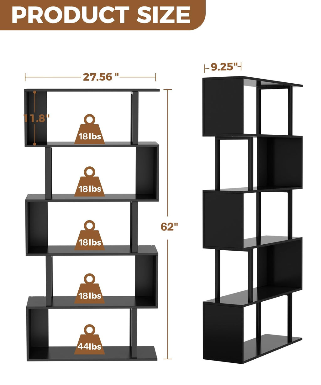 Black 5-Tier Geometric Wood Bookcase Q4828