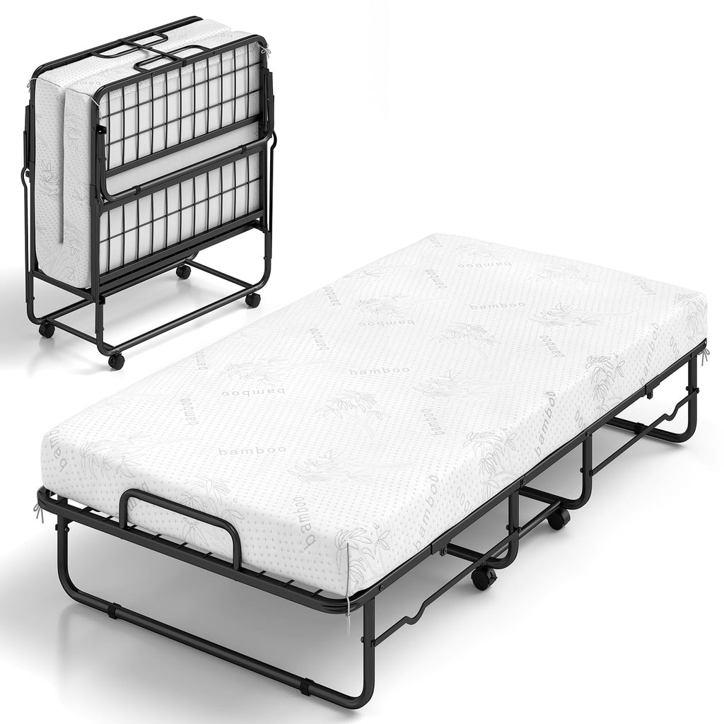 Folding Bed with 5-Inch Mattress, Twin Size Foldable Guest Bed with Metal Frame X557