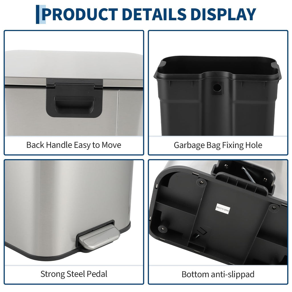 5.2 Gallon Brushed Stainless Steel Trash Can with Soft-Close Lid C9081