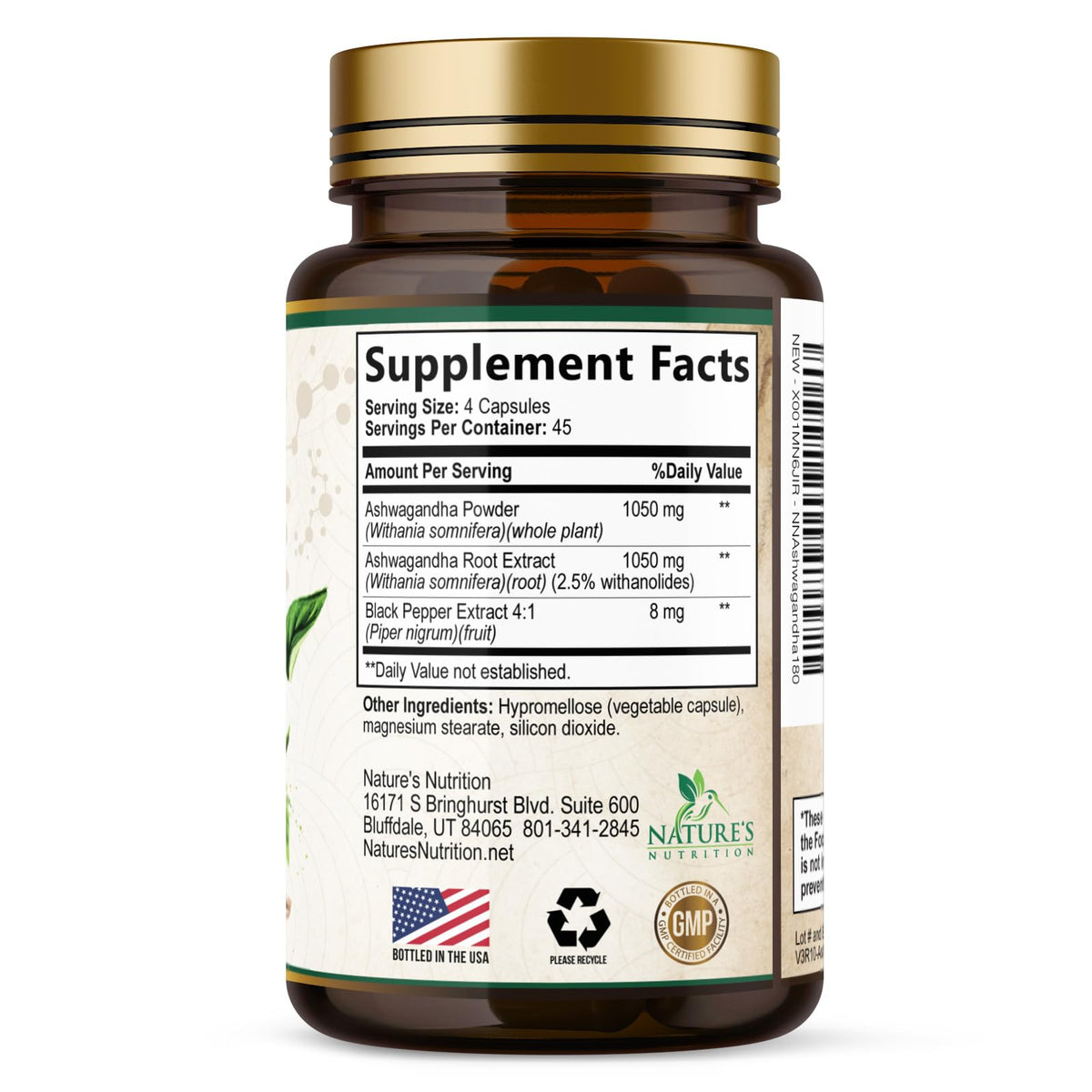 Ashwagandha Capsules with Black Pepper Vegan 180 Capsules X76906