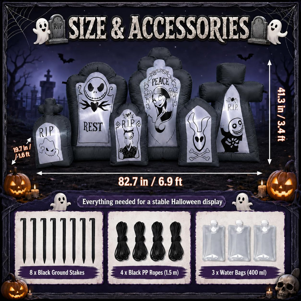 6.9FT Inflatable Tombstone Set with Built-in LED Lights M522946