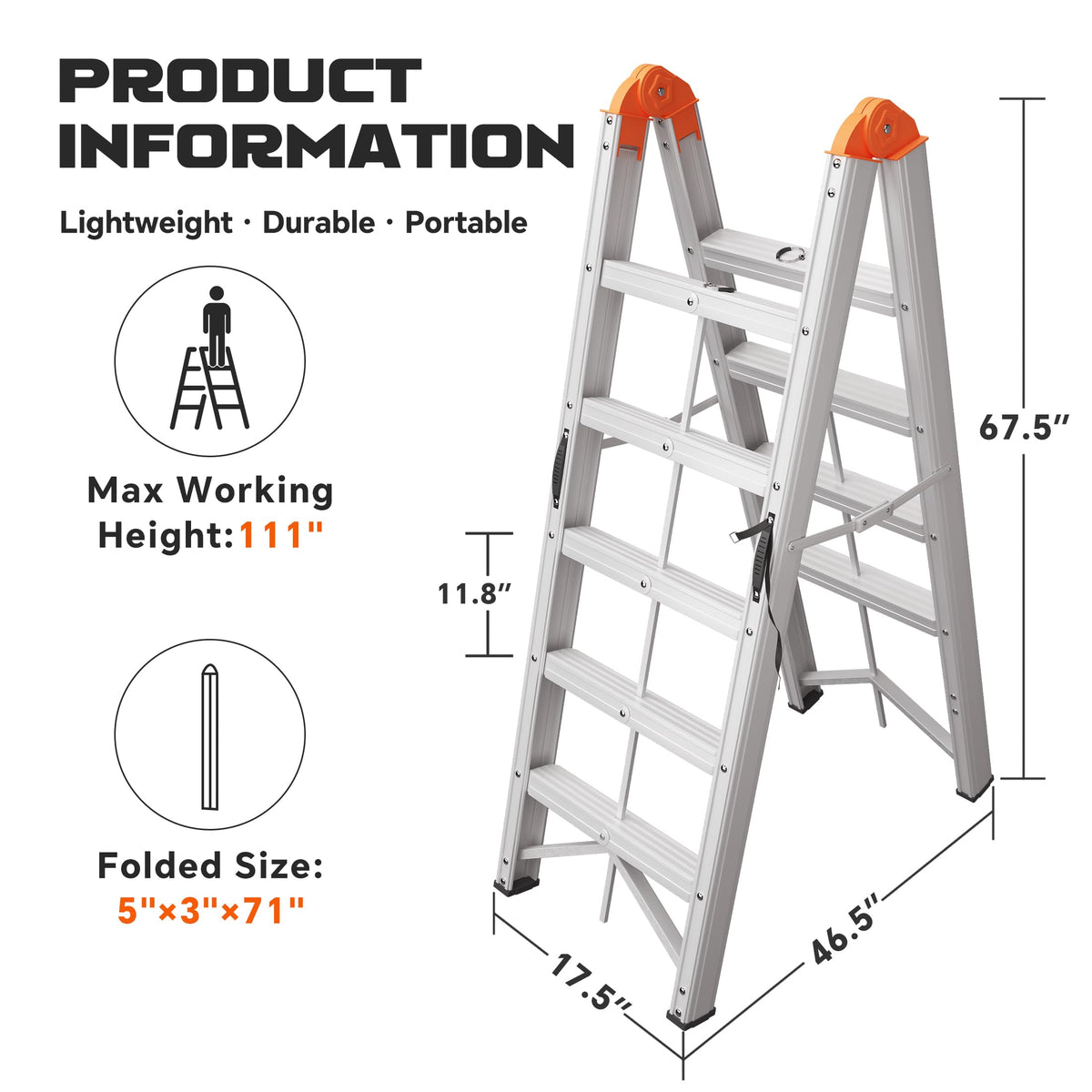 Aluminum Foldable 5-Step Ladder with Wide Anti-Slip Pedal P11821