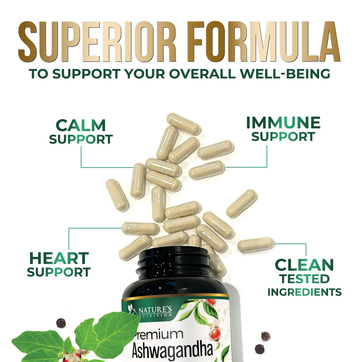 Ashwagandha Capsules with Black Pepper Vegan 180 Capsules X76906