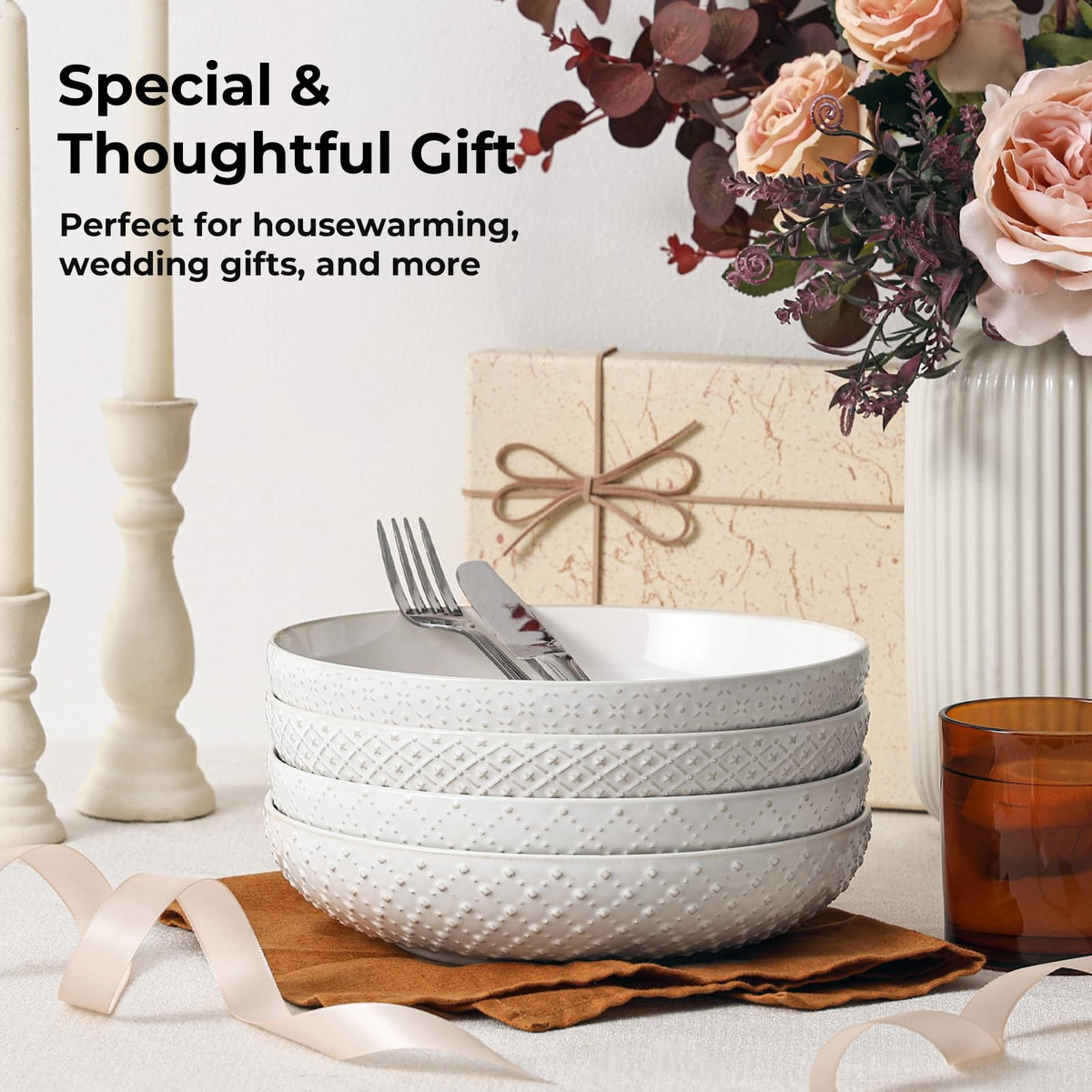 8.5" Ceramic Pasta Bowls Set of 4, 30 oz Soft White D277240