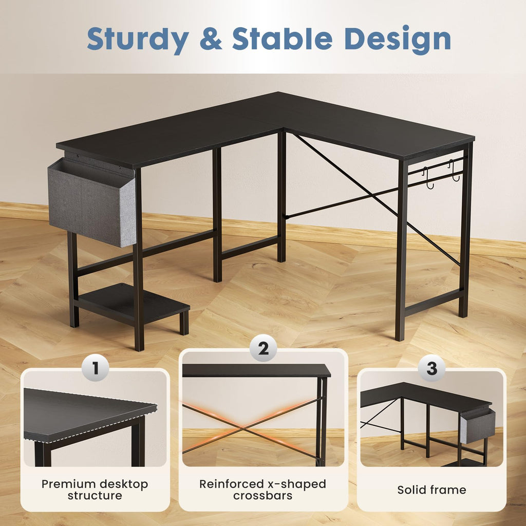 L Shaped Computer Corner Desk with PC Stand, Black W861