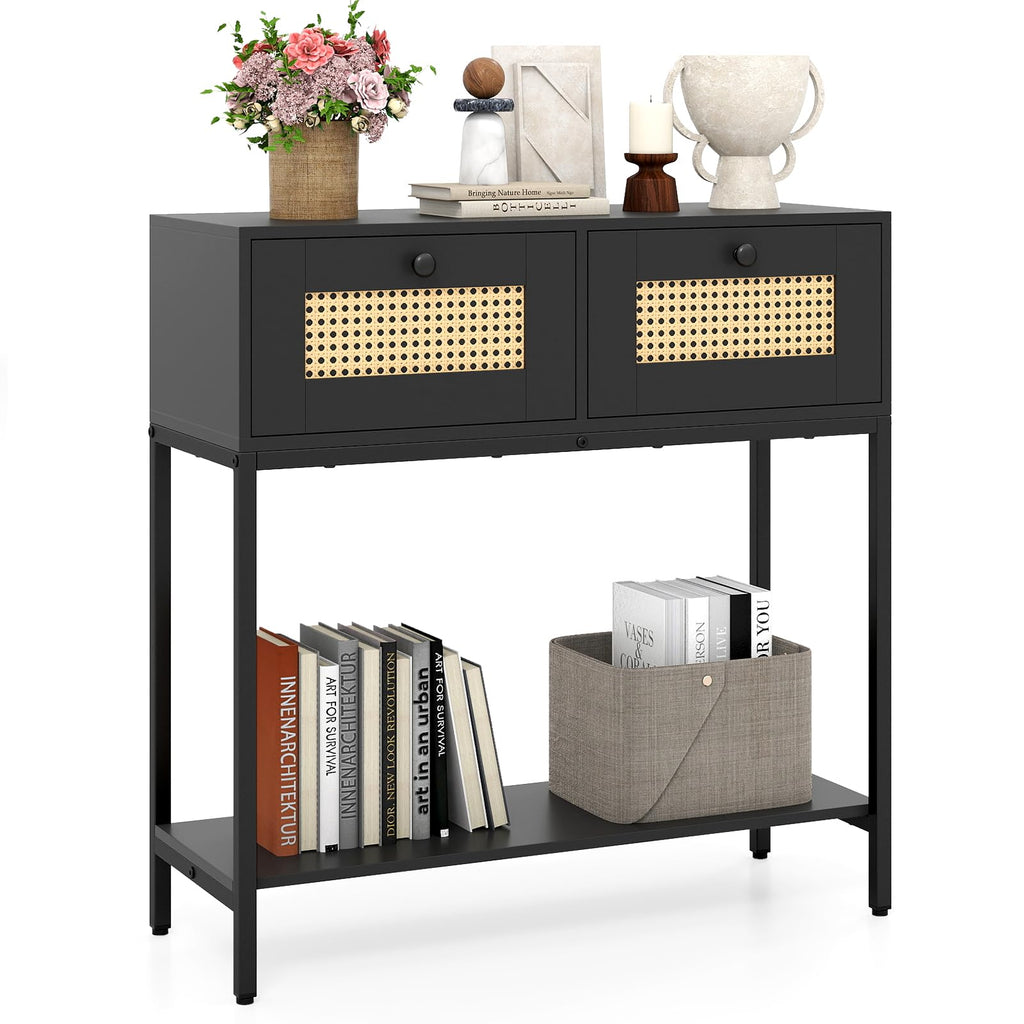 Rattan Console Table with Two Drawers and Open Storage Shelf X924429
