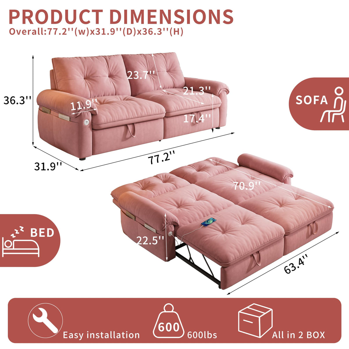 Queen Size Pink Sofa Bed with Pull Out Bed F37574