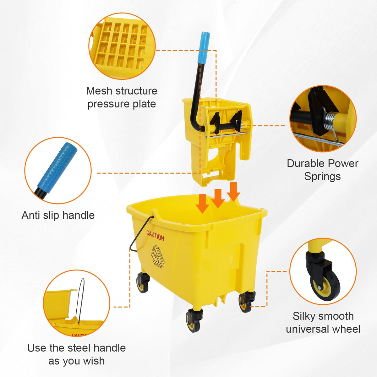 Commercial Mop Bucket with Wringer, 35 Quart Mop and Bucket Set B5787