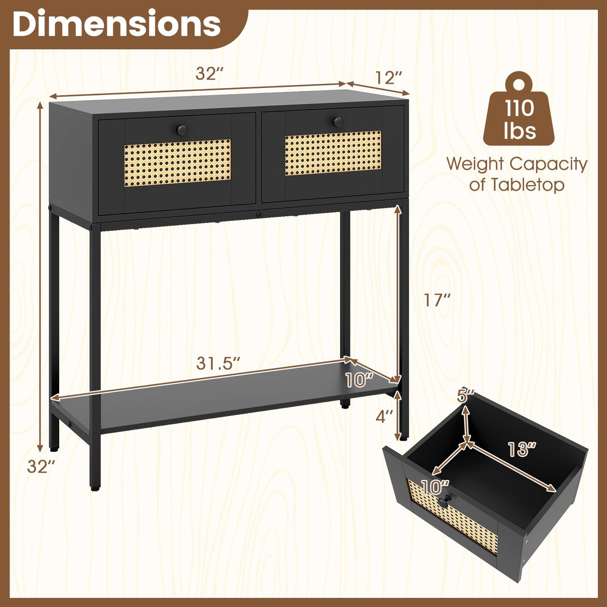 Rattan Console Table with Two Drawers and Open Storage Shelf X924429