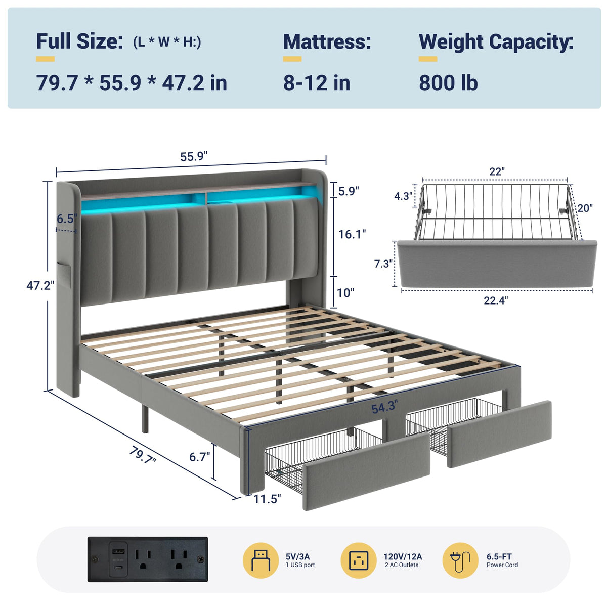 Full Size Bed Frame with Storage Headboard and Drawers B22462