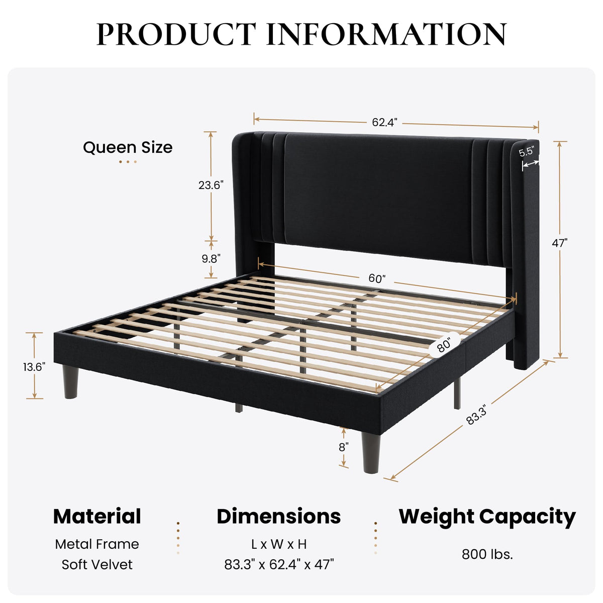 Queen Velvet Upholstered Bed Frame S2635
