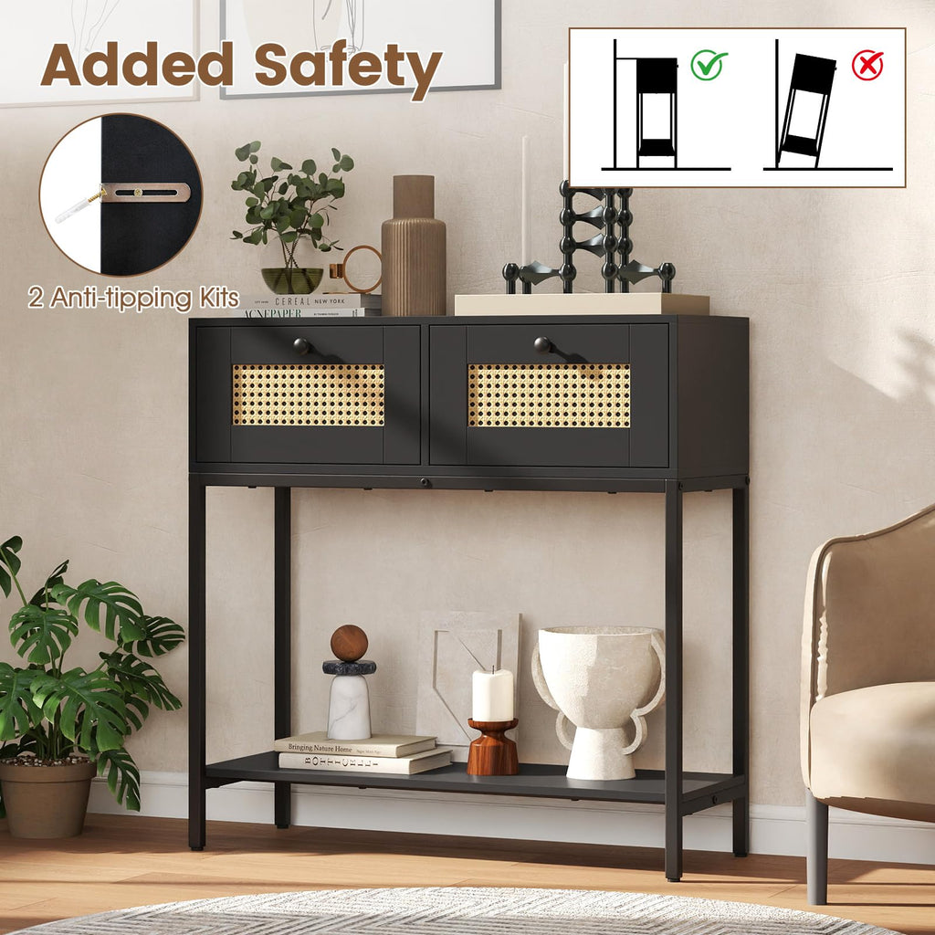Rattan Console Table with Two Drawers and Open Storage Shelf X924429