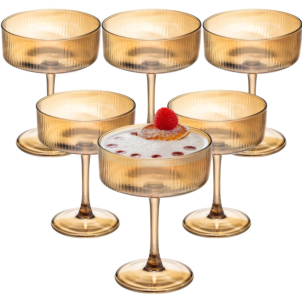 Set of 6 Amber Ribbed Coupe Cocktail Glasses C284