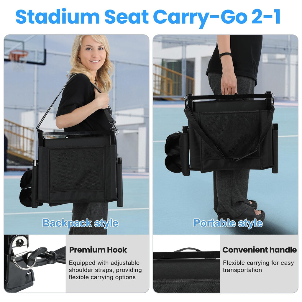 2 Pcs Folding Stadium Seat with Back Support and Cup Holder Black I3992
