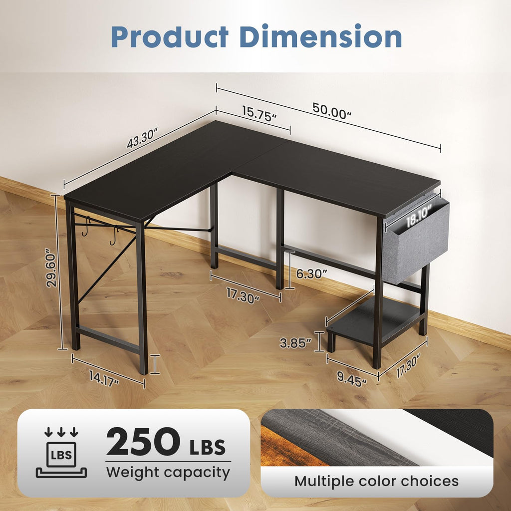 L Shaped Computer Corner Desk with PC Stand, Black W861