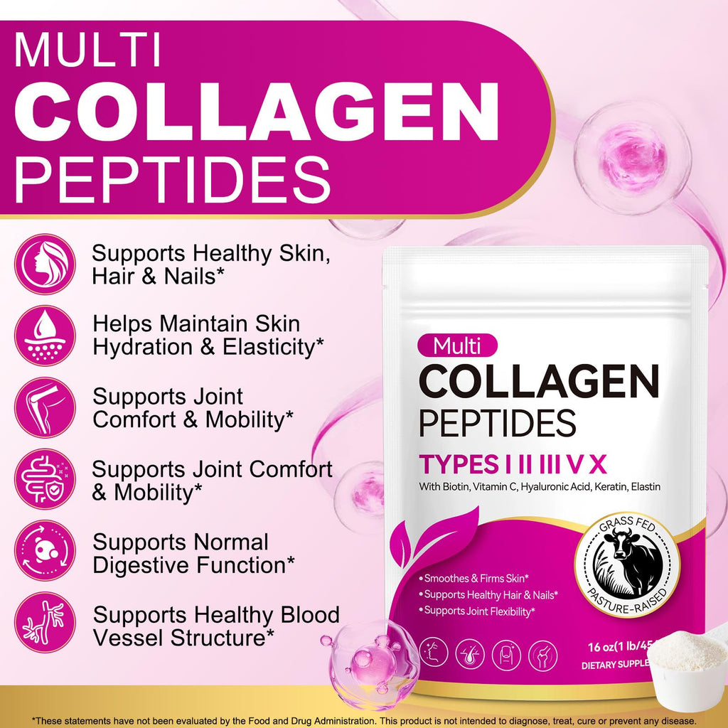 Multi Collagen Peptides Powder Type I II III V X 16oz Y341