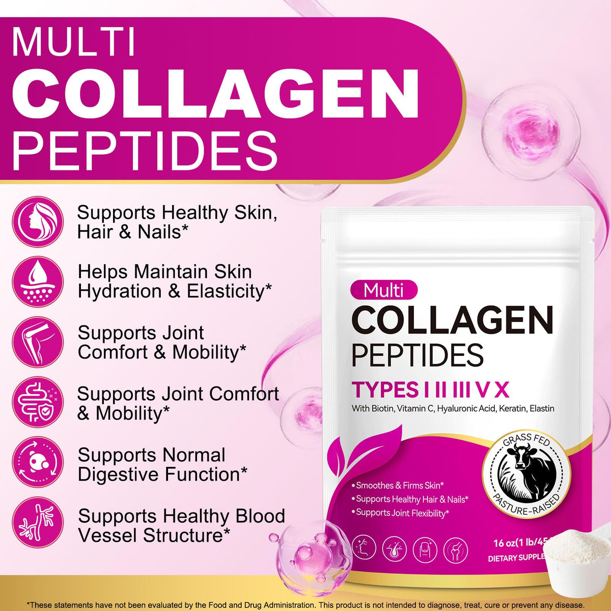 Multi Collagen Peptides Powder Type I II III V X 16oz Y341