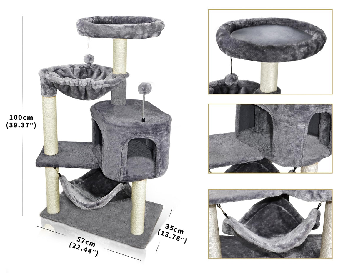 Grey Cat Tree with Cat Condo and Hammock I1857