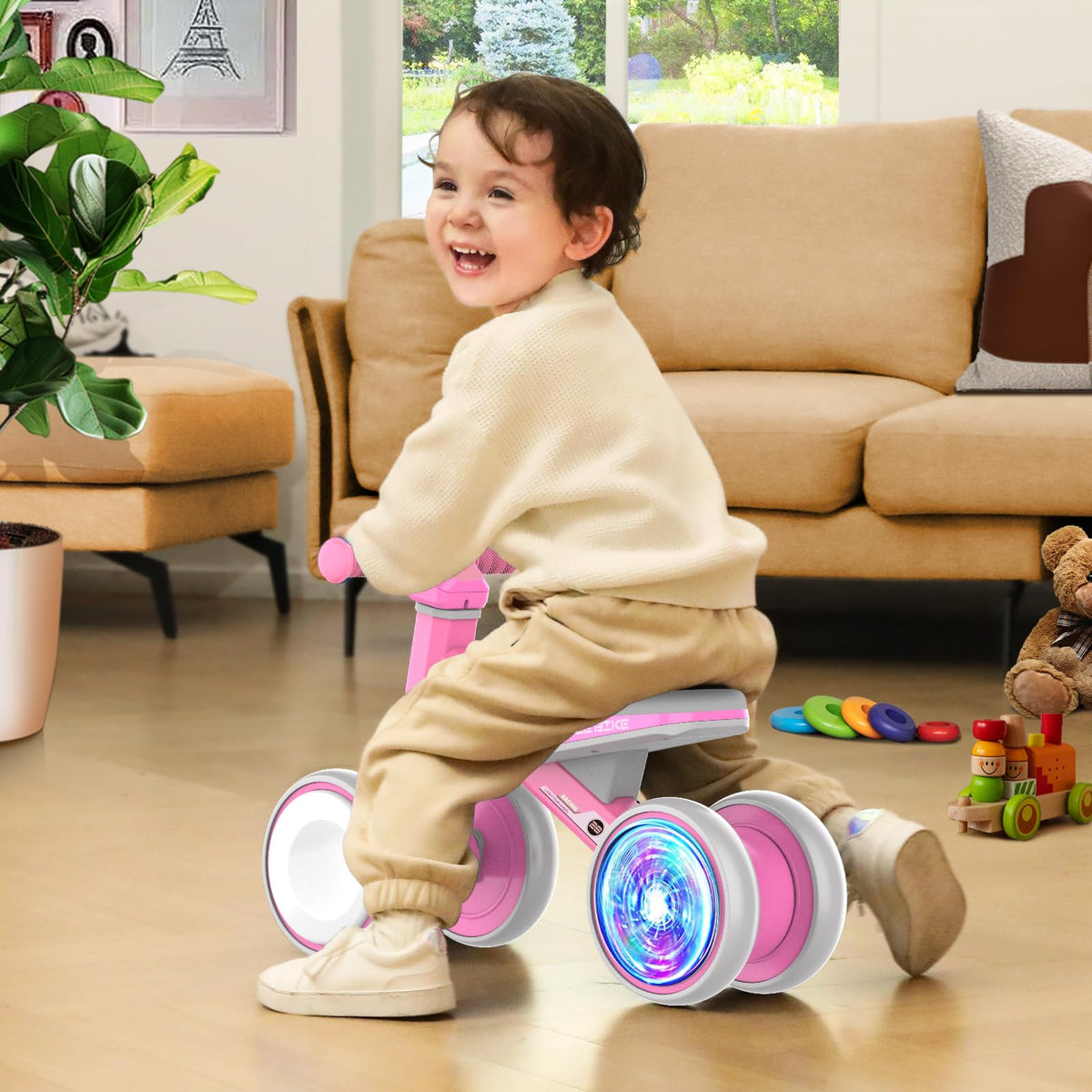 Baby Balance Bike with Adjustable Soft Seat, 4 Silent Wheels U605233