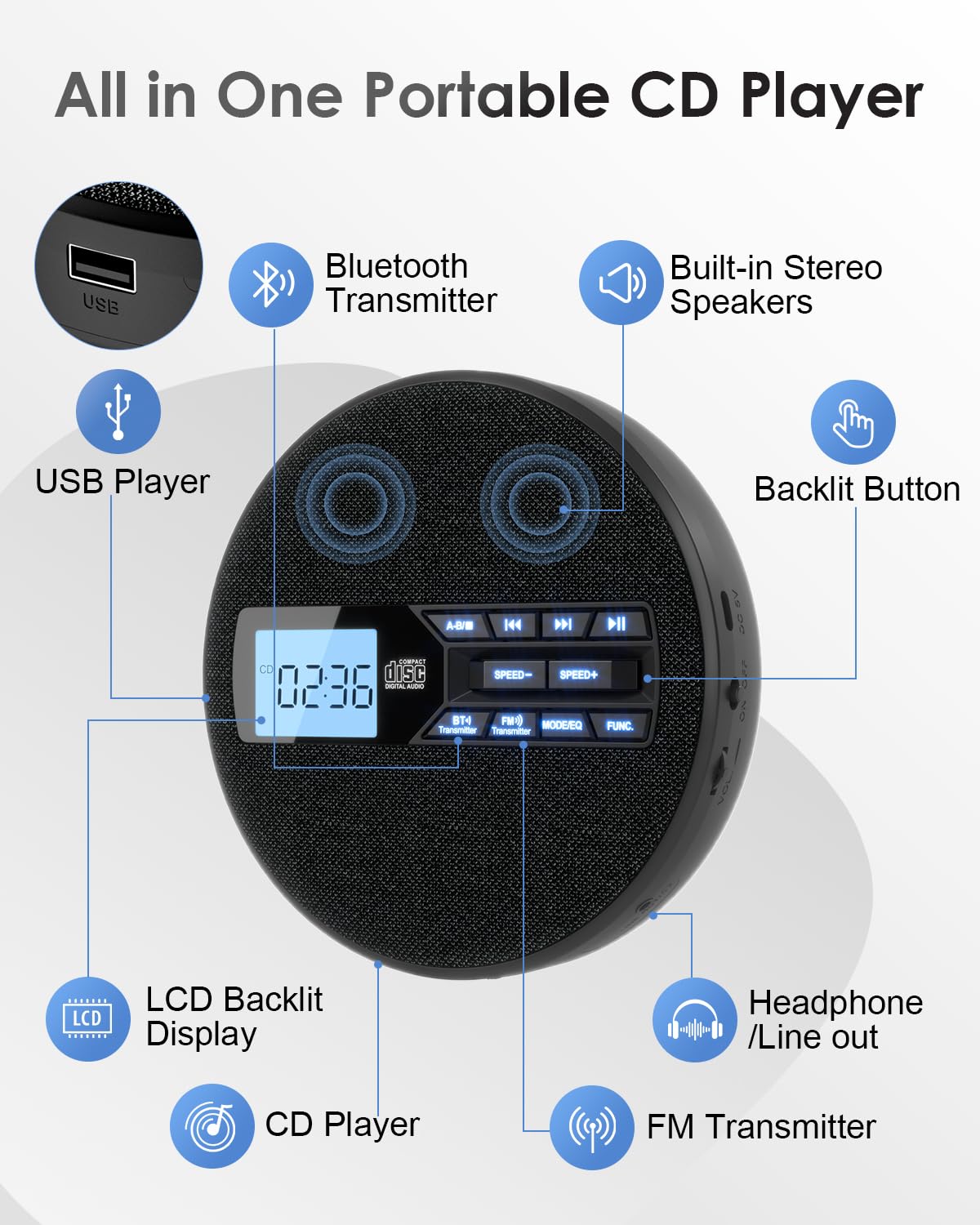 Portable CD Player with Bluetooth & FM Transmitter J118