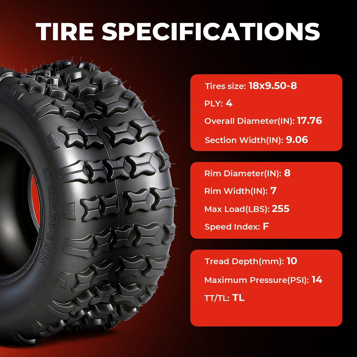 Set of 2 18x9.5-8 Tubeless All-Terrain Tires T3733