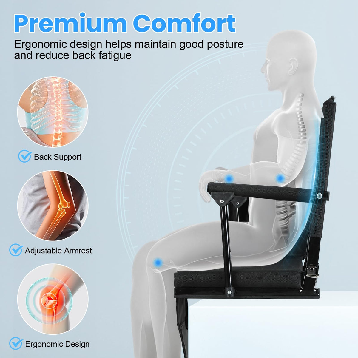 2 Pcs Folding Stadium Seat with Back Support and Cup Holder Black I3992