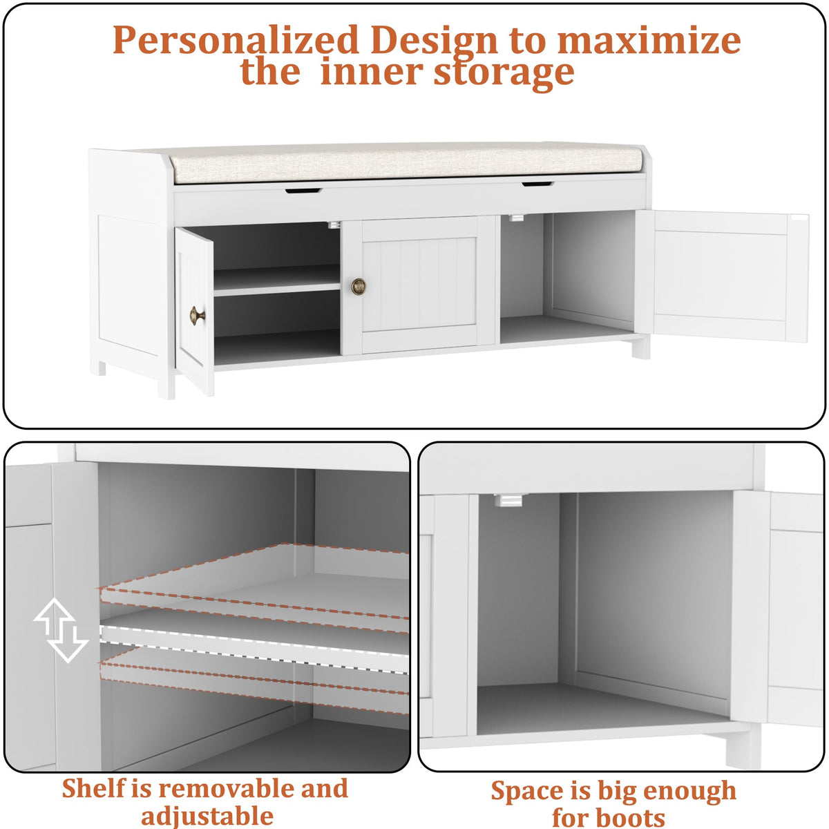 White Lift Top Storage Shoe Bench with Cushioned Seat G2486