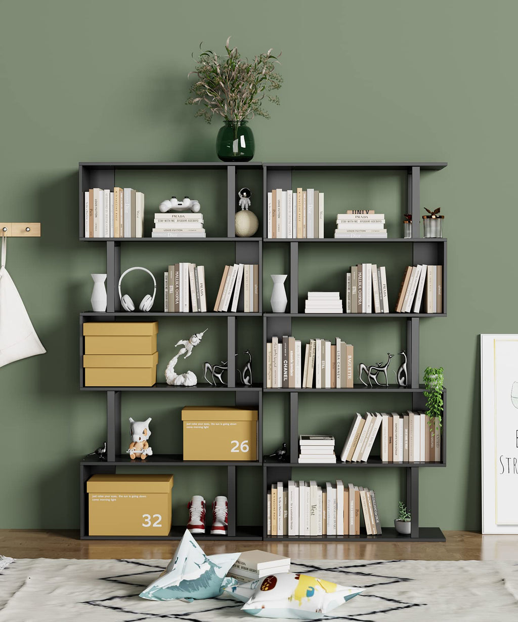 Black 5-Tier Geometric Wood Bookcase Q4828