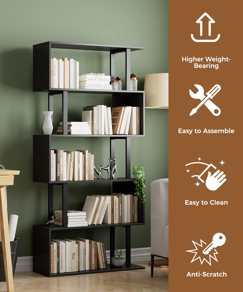 Black 5-Tier Geometric Wood Bookcase Q4828