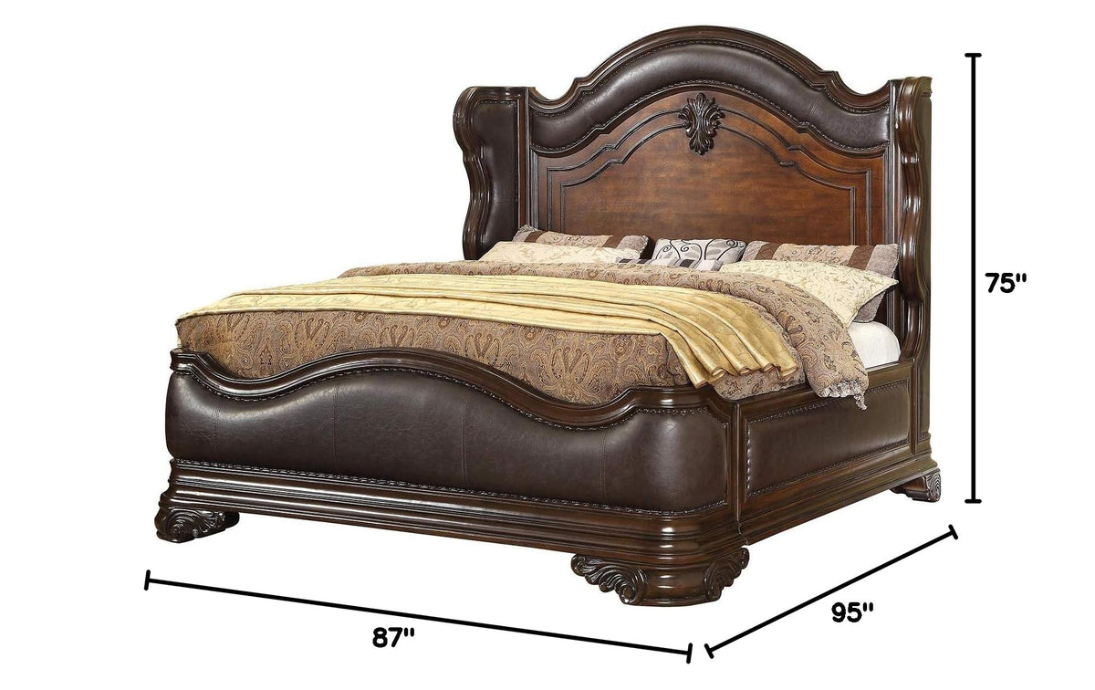 Brown Cherry Wood California King Wingback Bed W7904