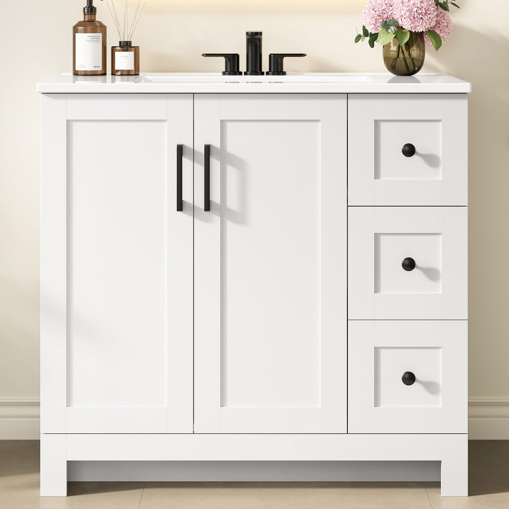 36" White Bathroom Vanity with Sink, 2 Soft-Close Drawers & Doors D925577