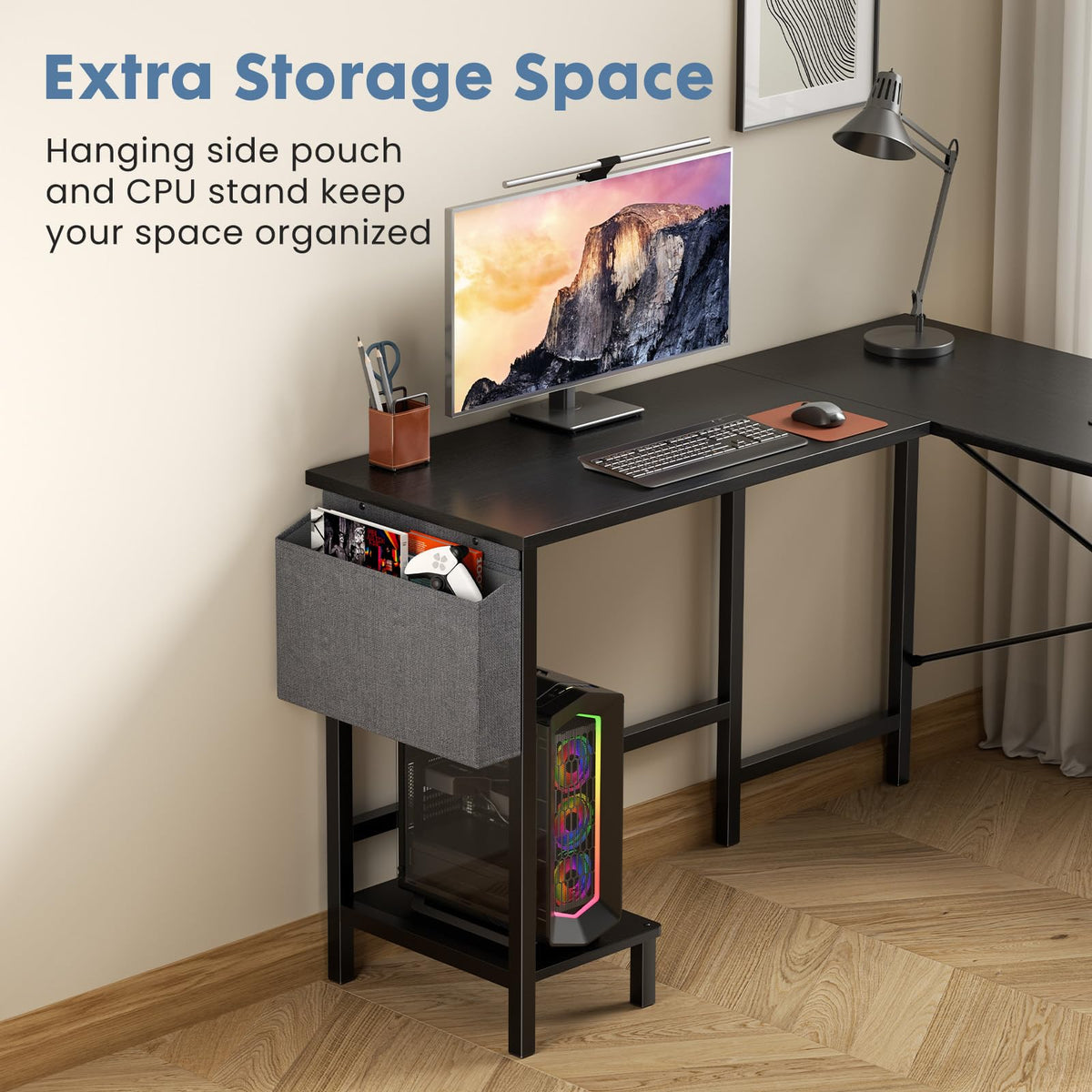 L Shaped Computer Corner Desk with PC Stand, Black W861
