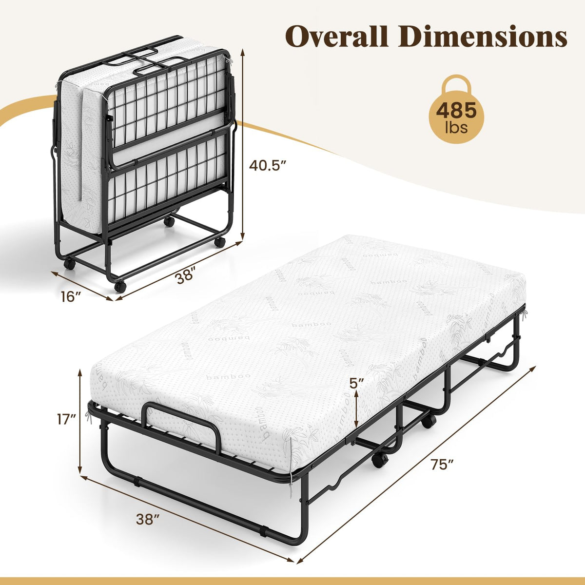 Folding Bed with 5-Inch Mattress, Twin Size Foldable Guest Bed with Metal Frame X557