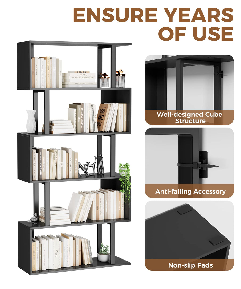 Black 5-Tier Geometric Wood Bookcase Q4828