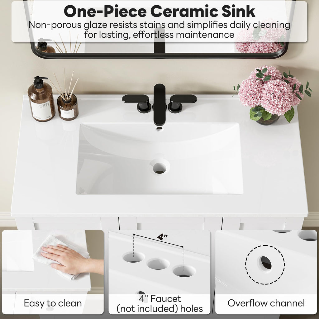 36" White Bathroom Vanity with Sink, 2 Soft-Close Drawers & Doors D925577