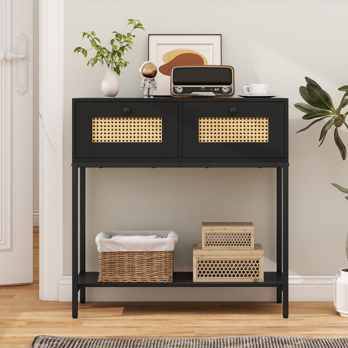 Rattan Console Table with Two Drawers and Open Storage Shelf X924429