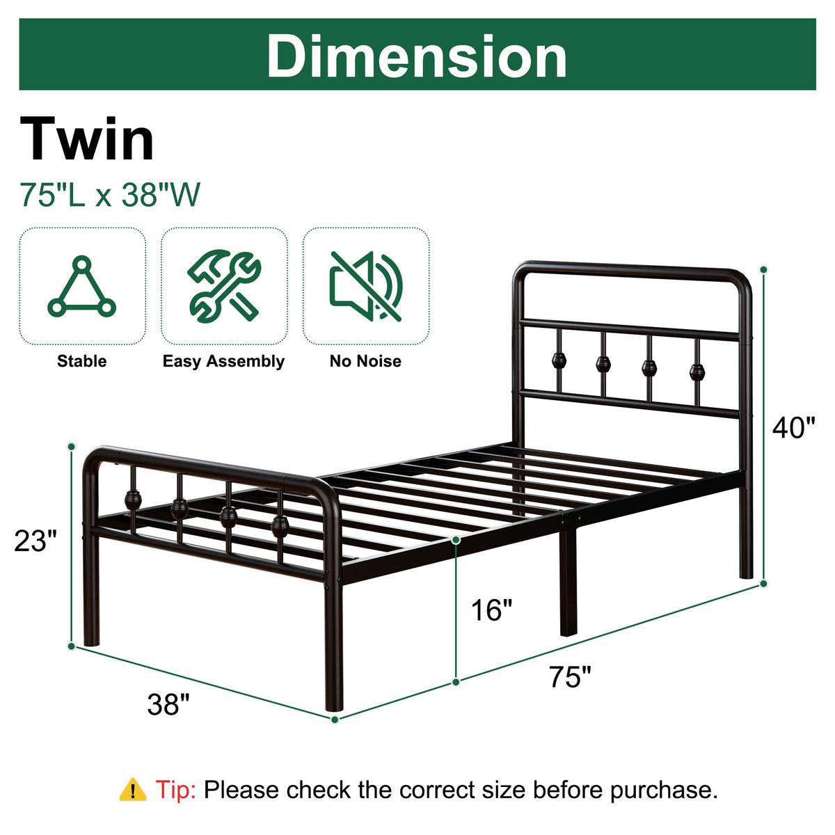 16 Inch Twin Metal Platform Bed with Headboard and Footboard B645170