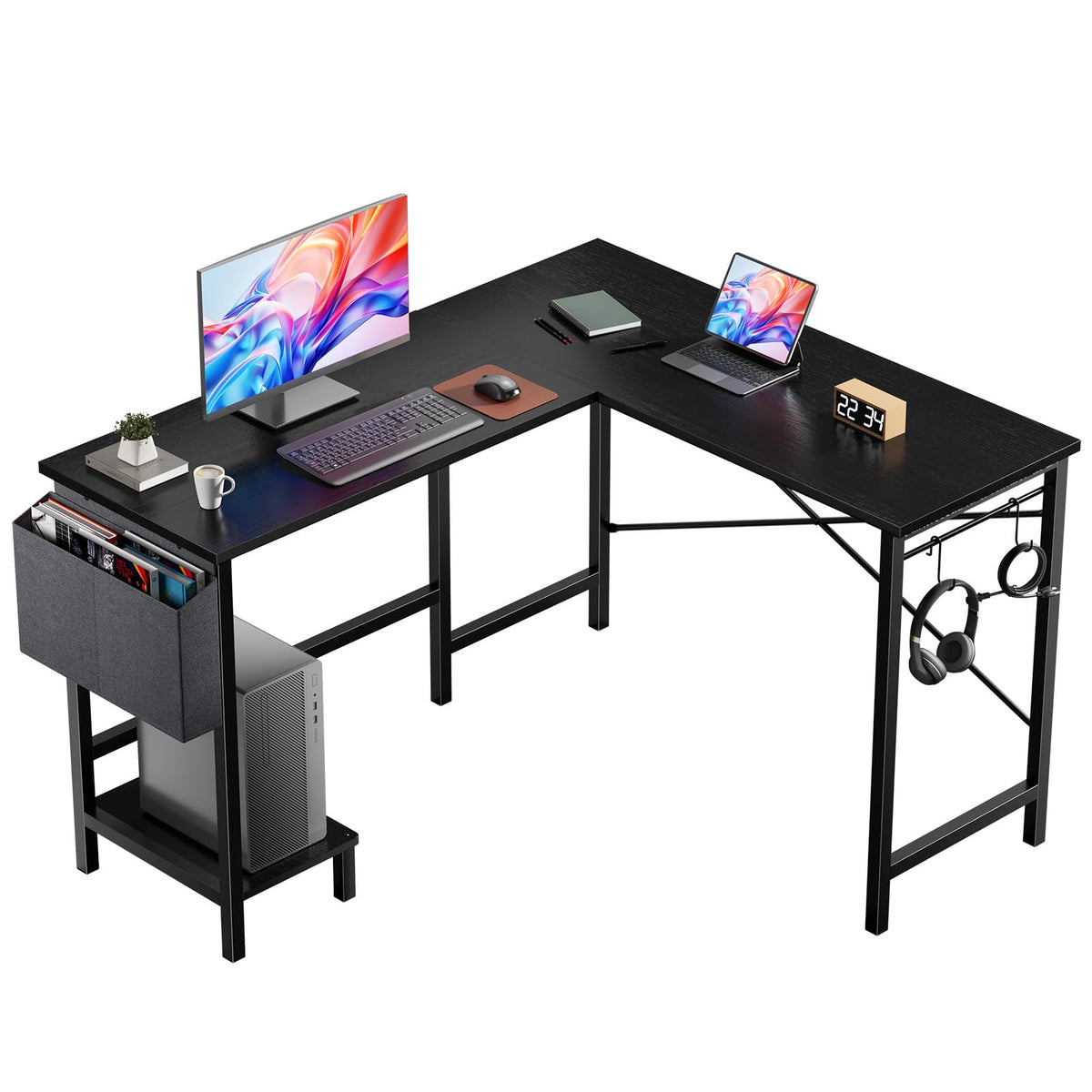 L Shaped Computer Corner Desk with PC Stand, Black W861