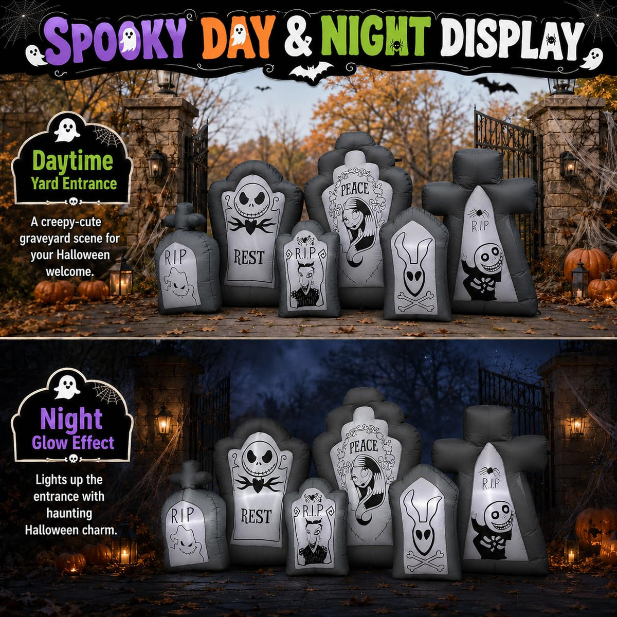 6.9FT Inflatable Tombstone Set with Built-in LED Lights M522946