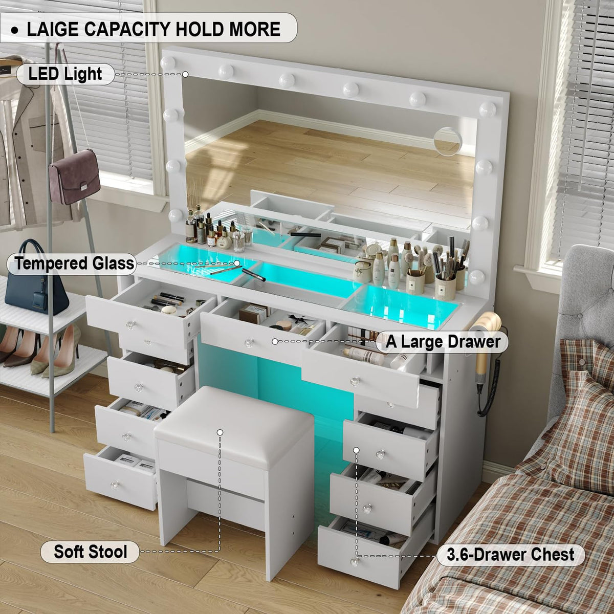 Makeup Vanity Desk with Mirror and 11 Drawers N773845
