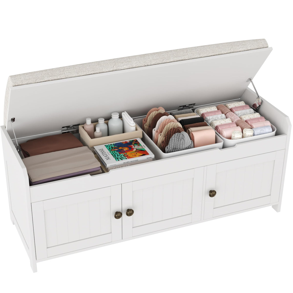 White Lift Top Storage Shoe Bench with Cushioned Seat G2486